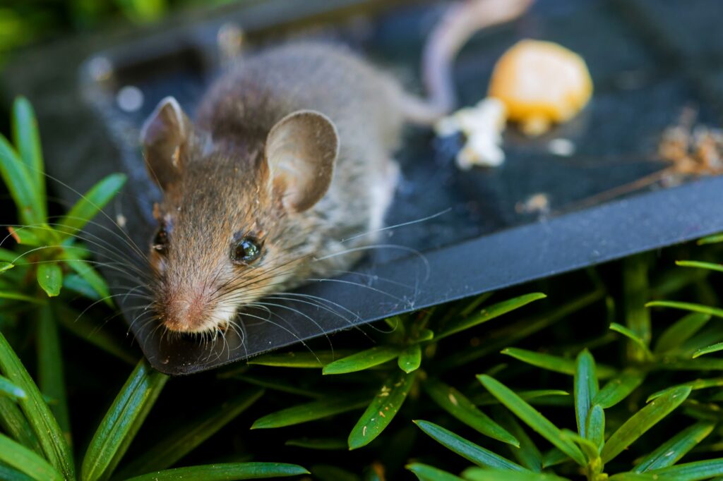 Mouse killed in a mouse clue tray trap on wooden floor in home